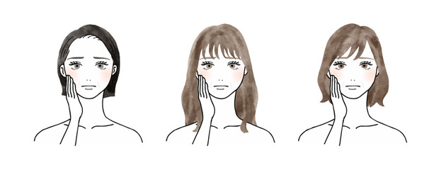 ほうれい線に困った顔をしている女性の水彩ベクターイラストセット