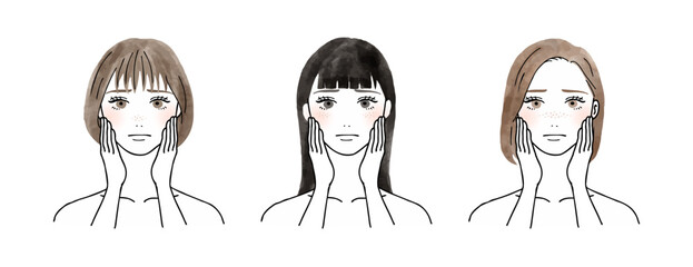 シミ、そばかす、小鼻の黒ずみに困った顔をしている女性の水彩ベクターイラストセット