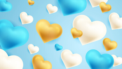 Blue gold and white Valentine christmas new year 3d design background with love heart shaped balloon. Vector illustration, greeting banner, card, wallpaper, flyer, poster, brochure, wedding