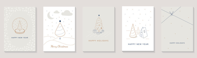 Merry Christmas and Happy New Year 2023 brochure covers set. Xmas minimal elegant banner design with festive trees with gifts and white snow. Vector illustration for flyer, poster or greeting card.