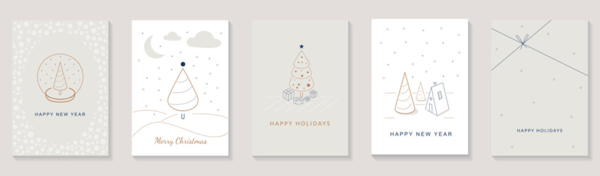 Merry Christmas and Happy New Year 2023 brochure covers set. Xmas minimal elegant banner design with festive trees with gifts and white snow. Vector illustration for flyer, poster or greeting card.