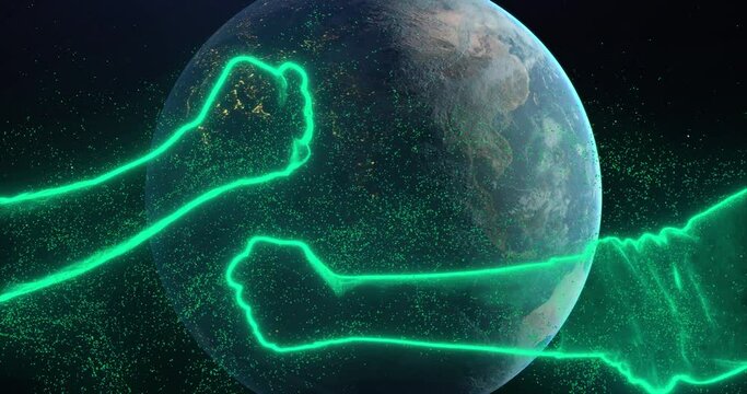 Best friend handshake in space among planet zoom in earth rotating, stars, two green fists bumping . Abstraction, 3d render, neon glowing lines and particles. Concept of teamwork, friendship