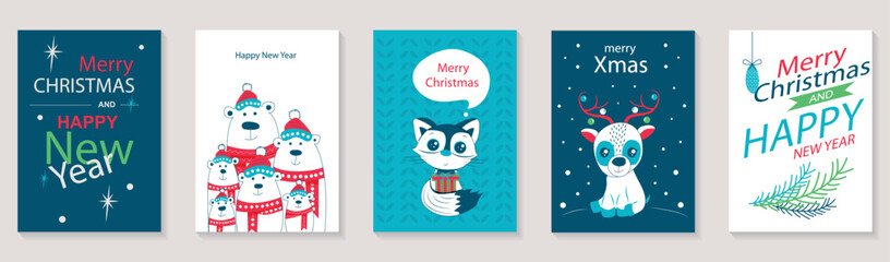 Merry Christmas and Happy New Year 2023 brochure covers set. Xmas minimal banner design with polar bears in hats, cat with gift, cute reindeer. Vector illustration for flyer, poster or greeting card.