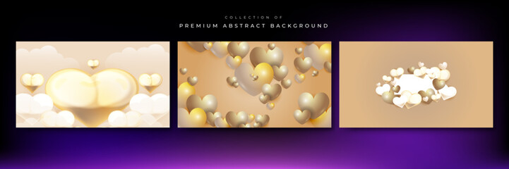 Beige gold pastel and white Valentine christmas new year 3d design background with love heart shaped balloon. Vector illustration, greeting banner, card, wallpaper, flyer, poster, brochure, wedding