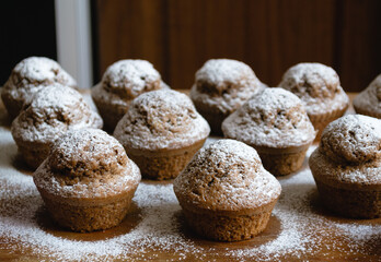 Close-up of delicious baked chocolate cupcakes on a wooden board and sprinkled with white powdered sugar