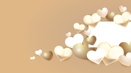 Obraz na płótnie Canvas Beige gold pastel and white Valentine christmas new year 3d design background with love heart shaped balloon. Vector illustration, greeting banner, card, wallpaper, flyer, poster, brochure, wedding