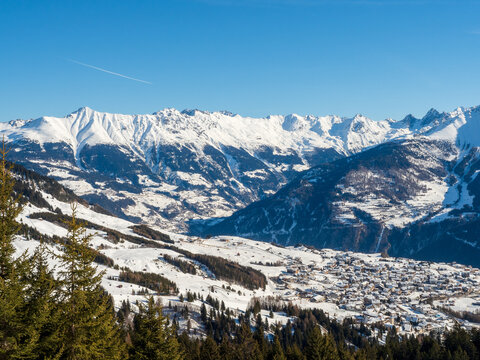 Panoramic view on city in winter in resort Ladis, Fiss, Serfaus in ski resort in Tyrol.