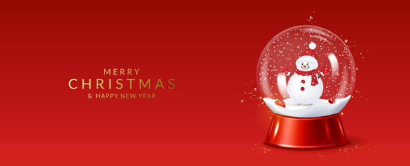 Christmas and New Year greeting card with transparent snow globe with Snowman.	