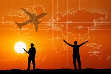 The concept of traveling around the world by plane. Commercial planes took off from the airport in the evening. for copy space
