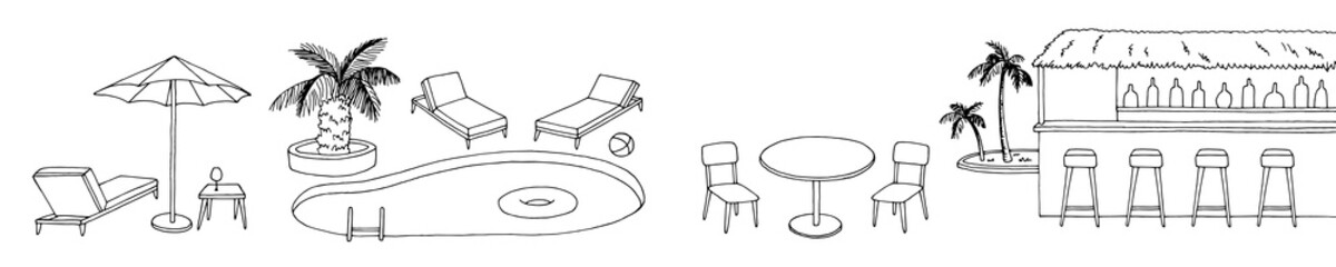 Swimming pool graphic black white landscape sketch long illustration vector 