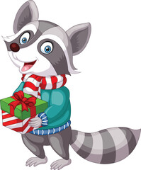 Cartoon raccoon holding a gift box © tigatelu