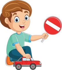 Cute little boy playing car with holding stop sign