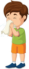 Cute little boy sneezing with blowing nose into tissue paper
