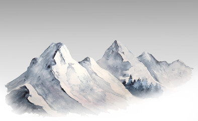 Fototapeta na wymiar Watercolor illustration of picturesque snowy mountains isolated, minimalist landscape