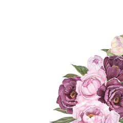 Flower watercolor illustration of peonies isolated, bouquet of flowers, corner frame