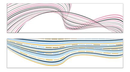 Wavy lines or ribbons. Set of 2 covers. Multicolored striped. Creative unusual background with abstract wave lines for creating a trendy banner, poster. vector eps