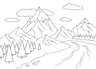 Mountain river graphic black white landscape sketch illustration vector 