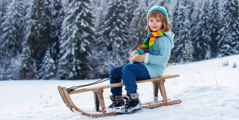 Funny boy having fun with a sleigh in winter forest woods. Cute children sledging in a snow...