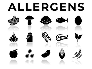 Black Allergens Icon Set with Reflection. Peanuts, Mushroom, Shellfish, Fish, Egg, Garlic, Milk, Soy Red Meat, Celery, Fruit, Seed, Legume and Corn Gluten Food Allergy Icons