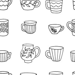 Seamless pattern with cup mug. Cup in doodle style. Hand drawn vector illustration.