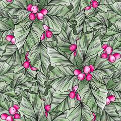 Watercolor christmas colorful seamless pattern. Holly leaves and berries. Perfect for greetings, invitations, manufacture wrapping paper, textile and web design. Christmas pattern.