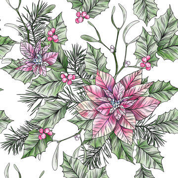 Watercolor christmas colorful seamless pattern. Poinsettia, holly leaves, pine branch and mistletoe. Perfect for greetings, invitations, manufacture wrapping paper, textile and web design. © tanyavollar