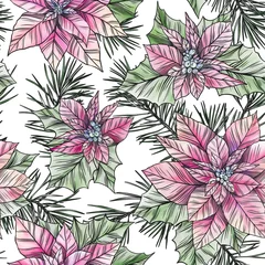 Fotobehang Watercolor christmas colorful seamless pattern. Poinsettia, holly leaves and pine branch. Perfect for greetings, invitations, manufacture wrapping paper, textile and web design.  © tanyavollar