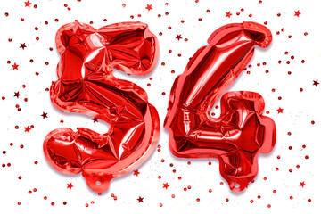 The number of the balloon made of red foil, the number fifty-four on a white background with...