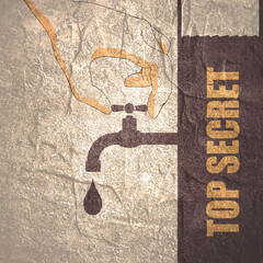 Top secret leak from faucet. Hand open or closes the tap. Politic and business security metaphor