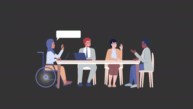 Animated discussion characters. Disability at work. Full body flat people on black background with alpha channel transparency. Colorful cartoon style HD video footage for animation