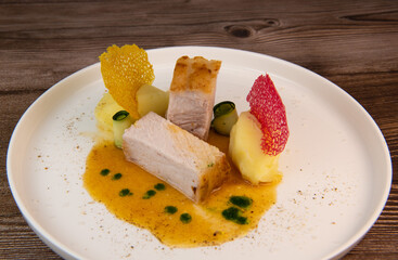 Recipe for Roast Pork Fillet with Mashed Potatoes and Coloured Lace Tiles. High quality photo