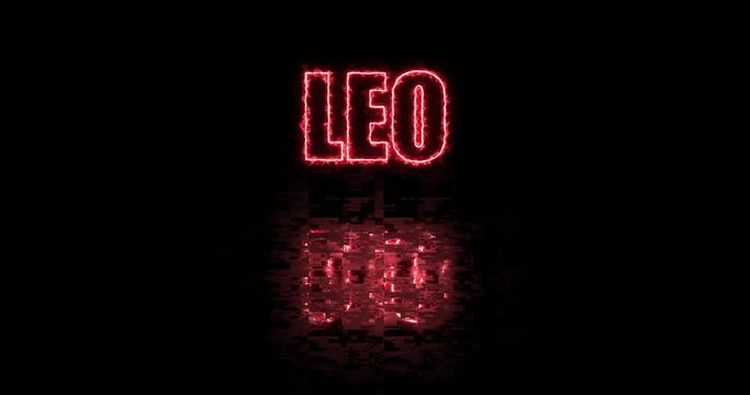 Leo. The name of the zodiac sign on a black background. Colored text reflected in an oscillating liquid. A color corresponding to the element of the sign.