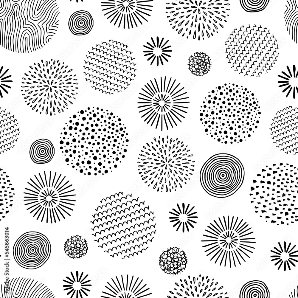 Poster hand drawn black, white circle seamless pattern. doodle style abstracrt textured scribble, stripped,