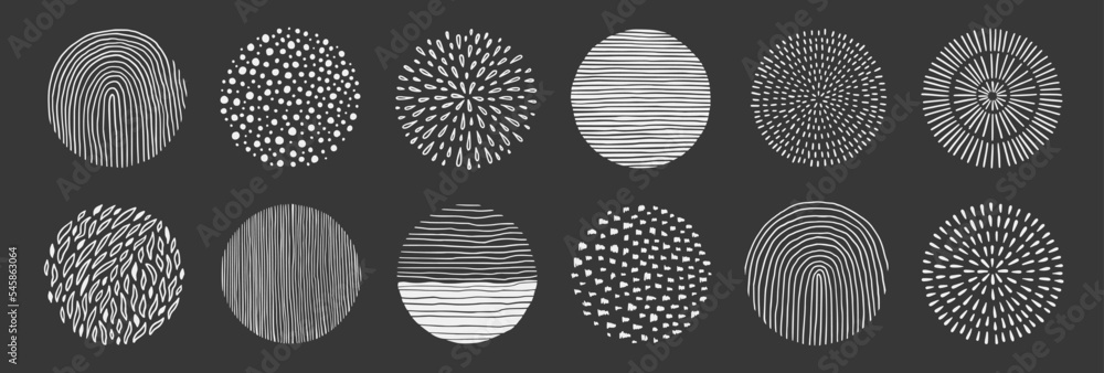 Poster scribble texture pattern circle set. hand drawn line texture, doodle decorative spiral, scribble gra