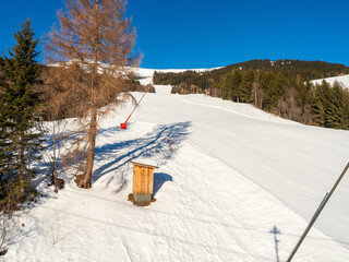 Slope view with funicular in winter in resort Ladis, Fiss, Serfaus in ski resort in Tyrol.