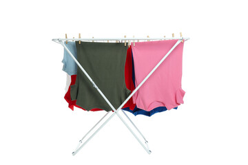 Drying rack with clothes, isolated on white background