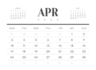 Monthly Calendar Template of april 2023. Vector layout simple calendar with week start monday.
