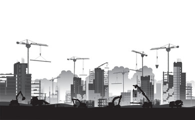 Silhouette Building construction site with cranes and skyscraper and  excavators with grader