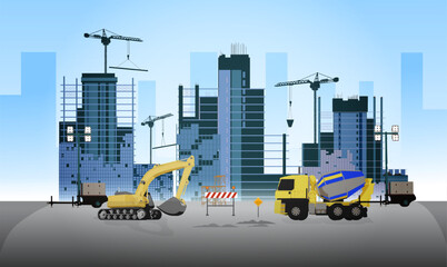 Building construction site with cranes and skyscraper and  excavators with grader