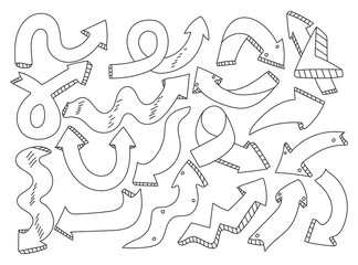 Hand drawn doodle style vector arrows set in white background.