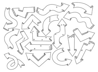 Hand drawn doodle style vector arrows set in white background.