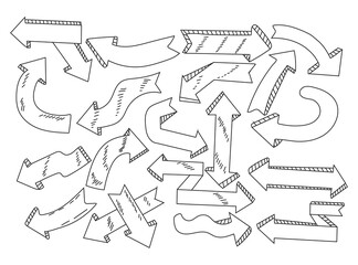 Hand drawn doodle style vector arrows set in white background.