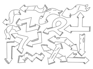 Hand drawn doodle style vector arrows set in white background.