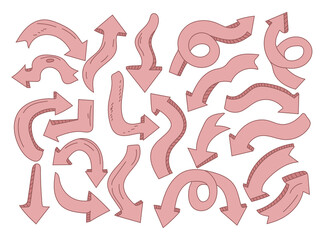 Hand drawn doodle style vector arrows set in white background.