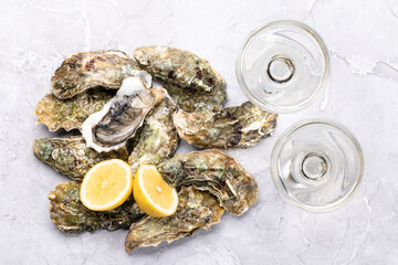 Fresh oysters with glasses of sparkling wine