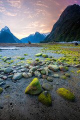 Green stone at milford sound New Zealand. - obrazy, fototapety, plakaty