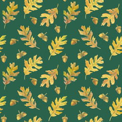 Seamless pattern with oak leaves and acorns. Hand-drawn watercolour illustration. Wild plants. Brownish on green background.