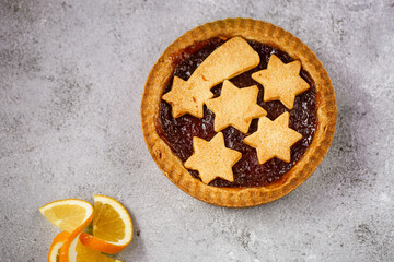 jam tart with christmas decorations