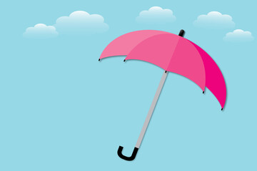 Pink umbrella with clouds on blue sky background. Flat design. copy space for the text. shadow overlay. illustration paper cut design style.