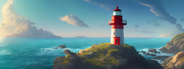 A lighthouse on a hill overlooking a scenic ocean coastline. Generative AI creation.